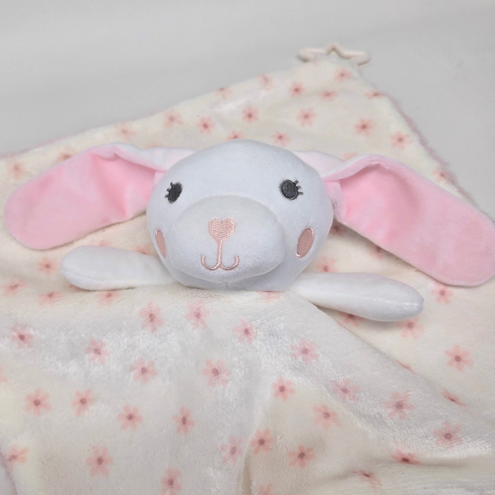 Dreamgro White Bunny Baby Security Blanket Pink Floral Teether Rattle Lovey 12" - Picture 2 of 8
